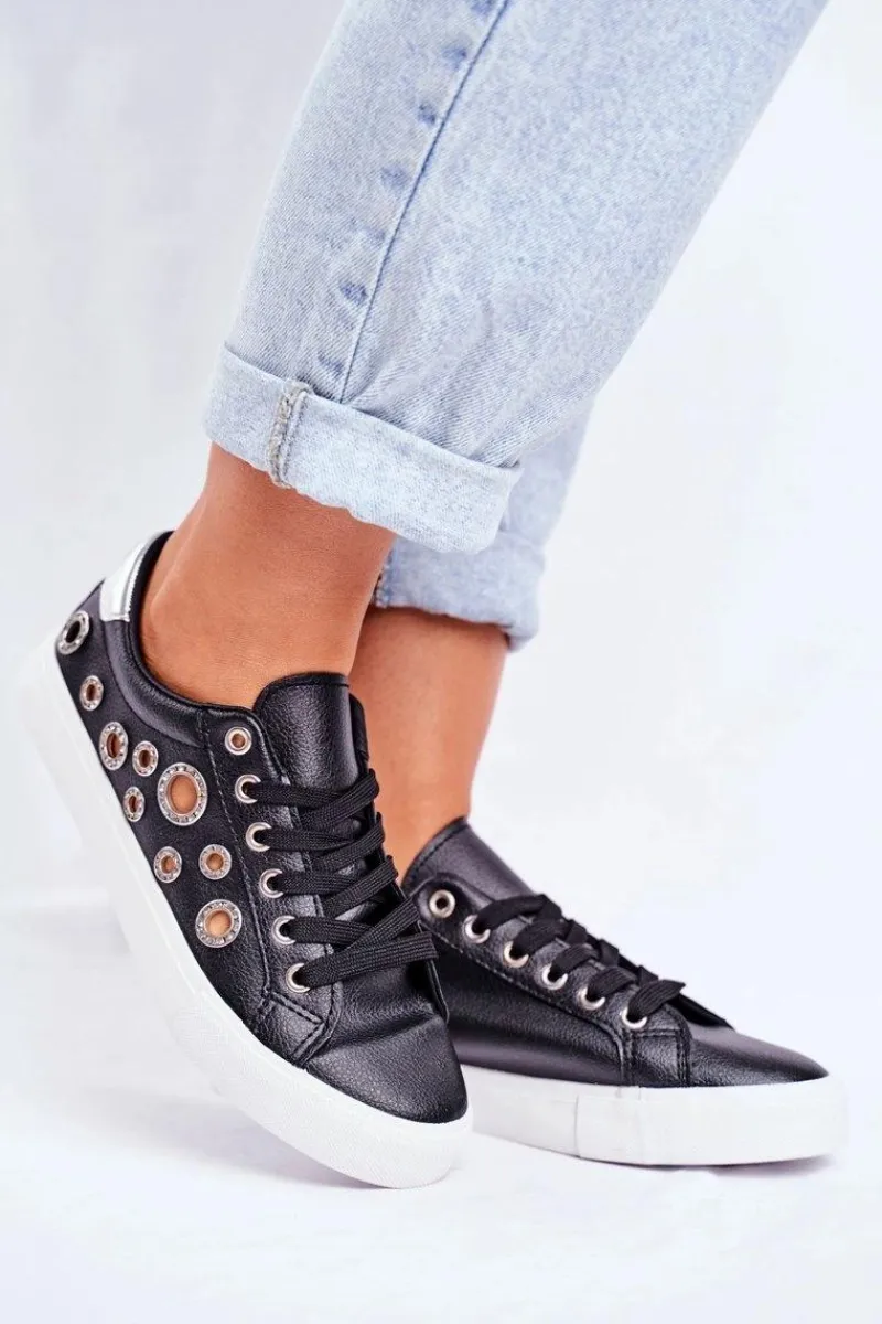 Trampki Damskie Niskie>Boto Damskie Trampki Z Dziurami i Cyrkoniami Czarne Roxas