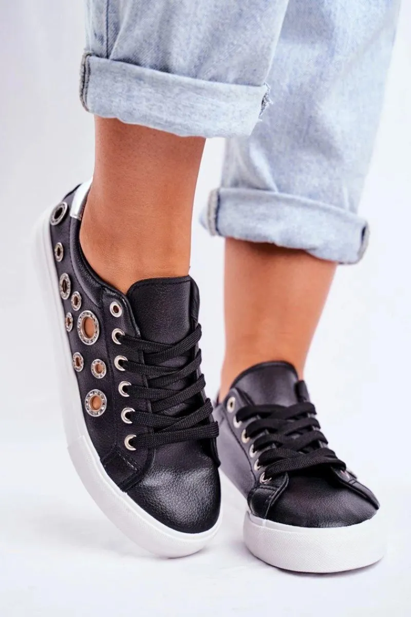 Trampki Damskie Niskie>Boto Damskie Trampki Z Dziurami i Cyrkoniami Czarne Roxas