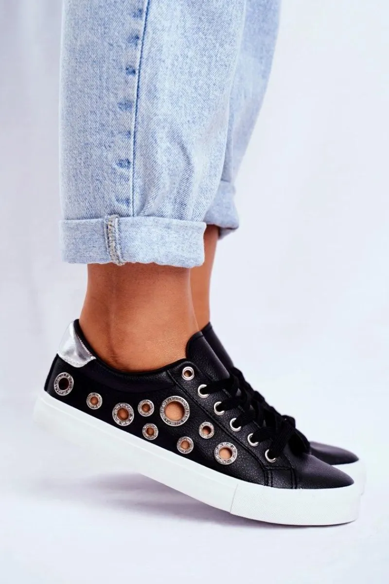 Trampki Damskie Niskie>Boto Damskie Trampki Z Dziurami i Cyrkoniami Czarne Roxas