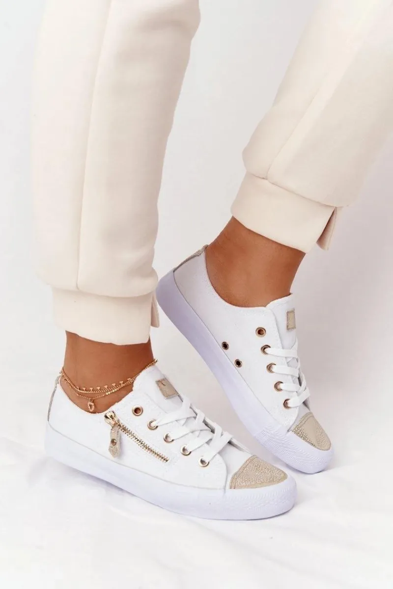 Trampki Damskie Niskie>Boto Damskie Trampki Z Suwakiem Biało-Złote Festival