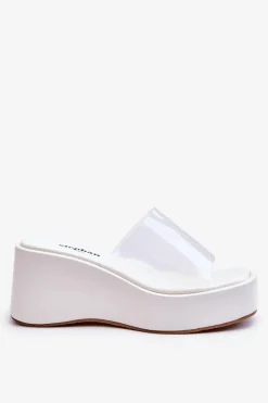 Best Boto Damskie Transparentne Klapki Na Koturnie Białe Eliane