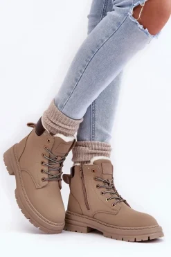 New Boto Damskie Trapery Ocieplane Futerkiem Ciemnobeżowe Fenan