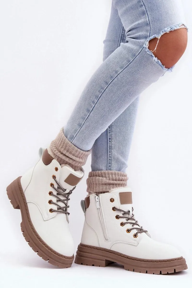 Damskie Trapery|Botki Sznurowane>Boto Damskie Trapery Ocieplane Futerkiem Białe Fenan