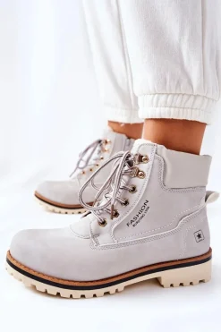 Online Damskie Trapery Timberki Z Ociepleniem Jasno Szare Tiempo Damskie Botki Ocieplane|Damskie Trapery