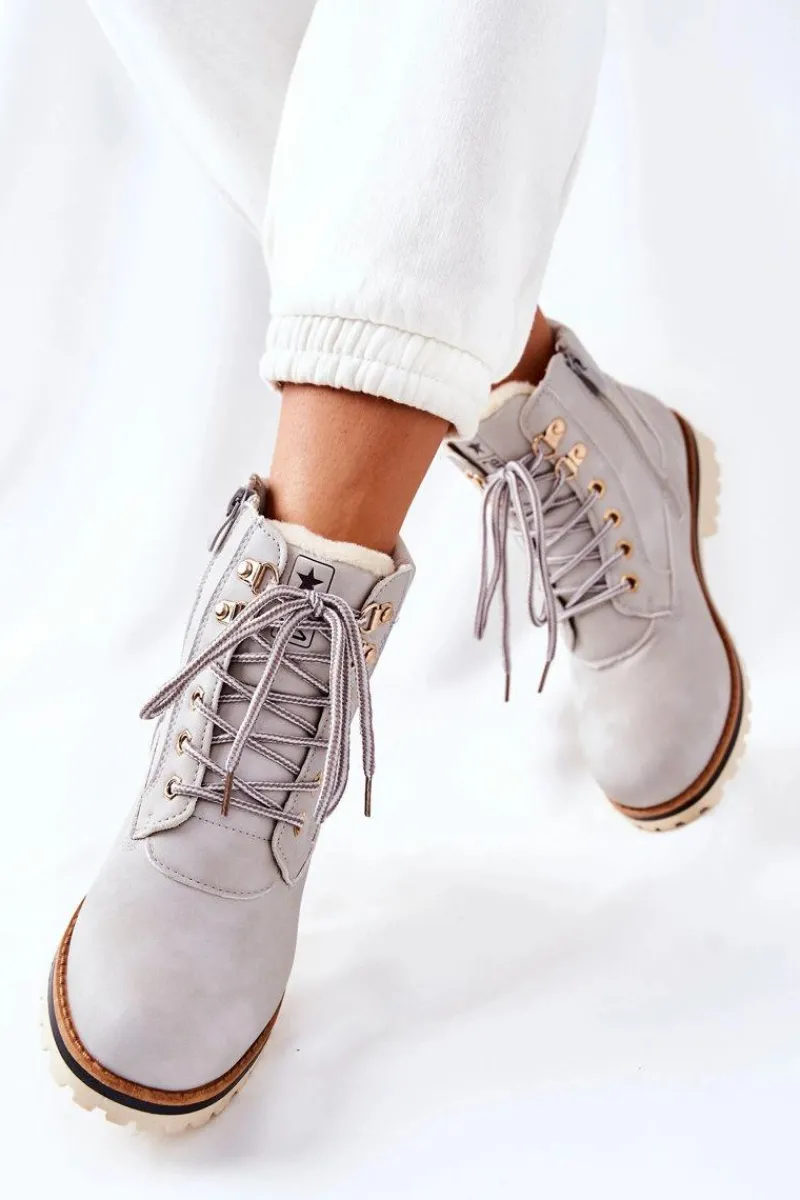 Online Damskie Trapery Timberki Z Ociepleniem Jasno Szare Tiempo Damskie Botki Ocieplane|Damskie Trapery