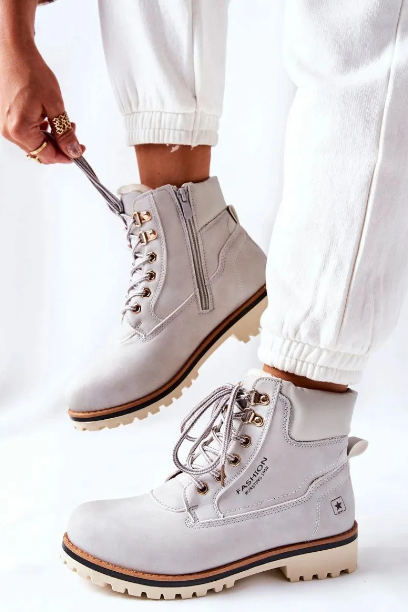 Online Damskie Trapery Timberki Z Ociepleniem Jasno Szare Tiempo Damskie Botki Ocieplane|Damskie Trapery