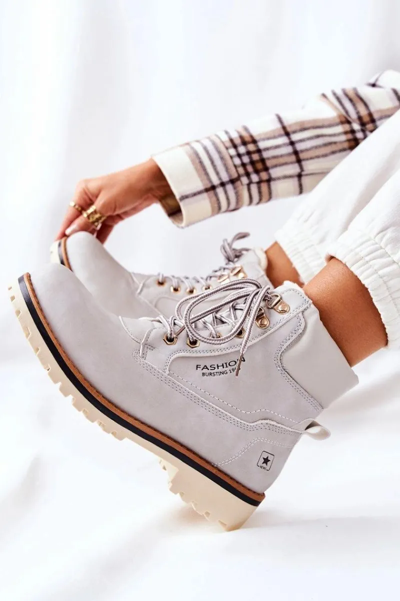 Online Damskie Trapery Timberki Z Ociepleniem Jasno Szare Tiempo Damskie Botki Ocieplane|Damskie Trapery