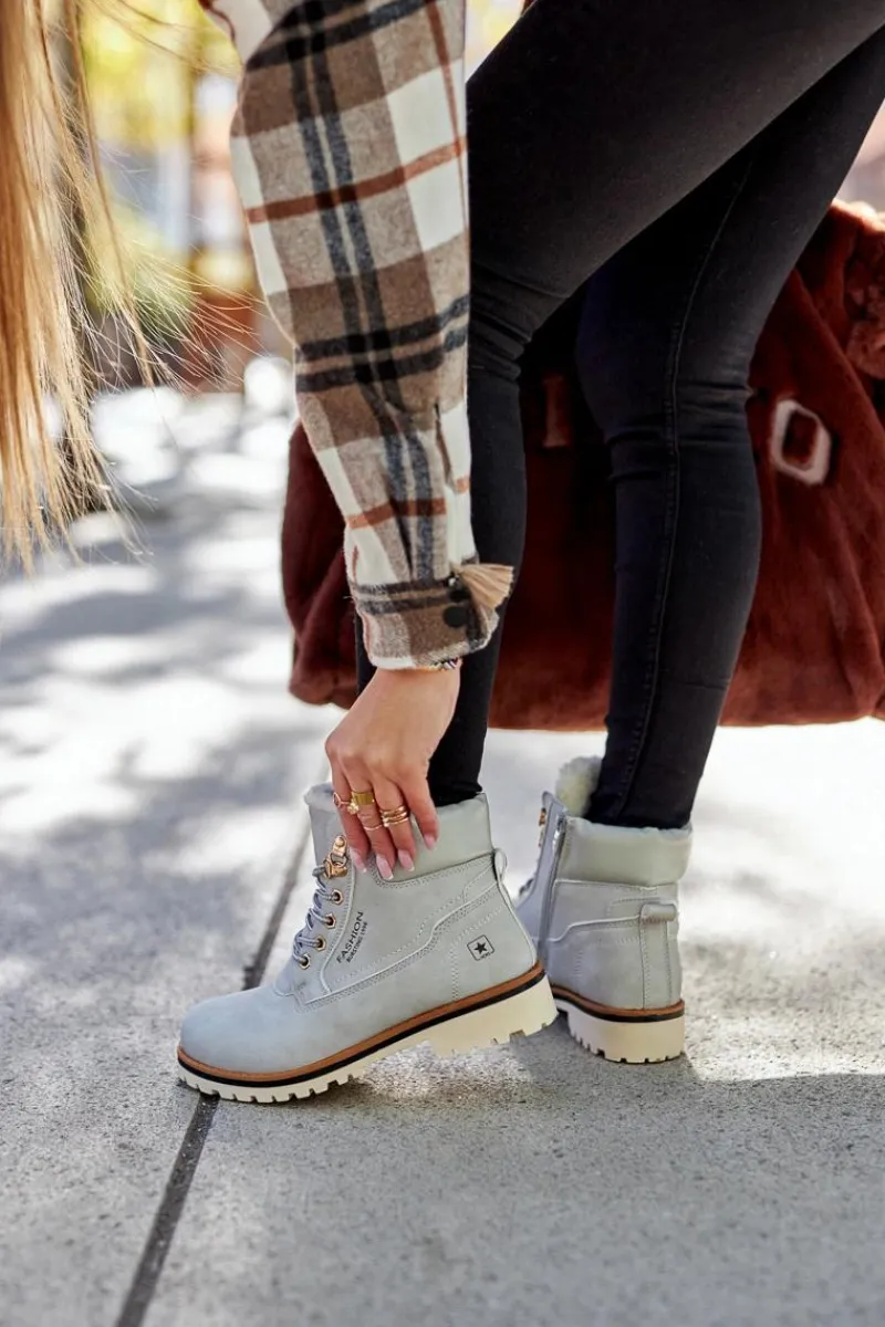 Online Damskie Trapery Timberki Z Ociepleniem Jasno Szare Tiempo Damskie Botki Ocieplane|Damskie Trapery