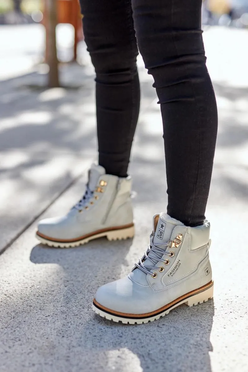 Online Damskie Trapery Timberki Z Ociepleniem Jasno Szare Tiempo Damskie Botki Ocieplane|Damskie Trapery