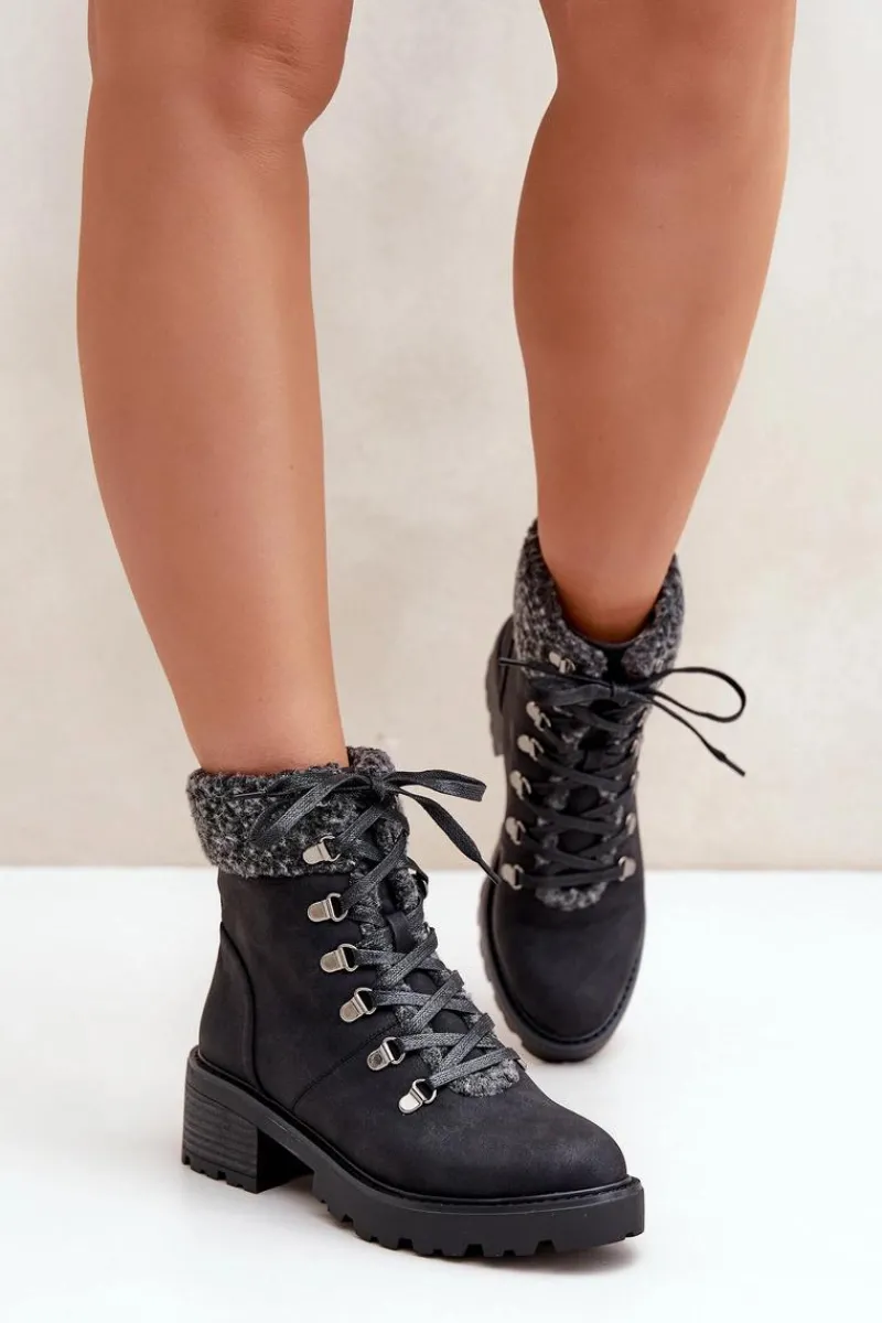 Damskie Trapery|Botki Sznurowane>Boto Damskie Trapery Z Kożuszkiem Na Niskim Obcasie Czarne Brenneth
