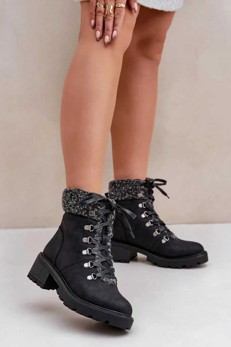 Damskie Trapery|Botki Sznurowane>Boto Damskie Trapery Z Kożuszkiem Na Niskim Obcasie Czarne Brenneth