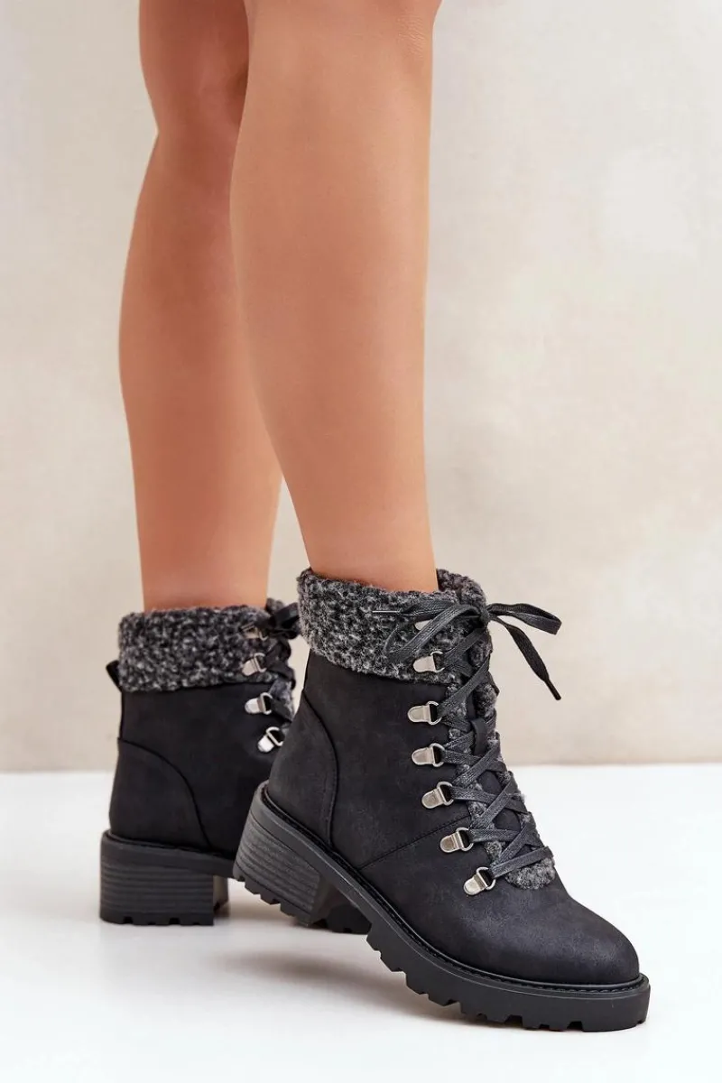 Damskie Trapery|Botki Sznurowane>Boto Damskie Trapery Z Kożuszkiem Na Niskim Obcasie Czarne Brenneth