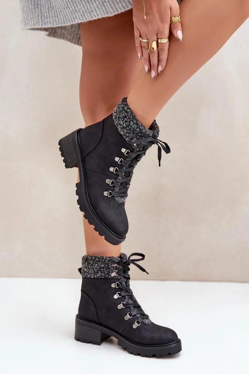 Damskie Trapery|Botki Sznurowane>Boto Damskie Trapery Z Kożuszkiem Na Niskim Obcasie Czarne Brenneth