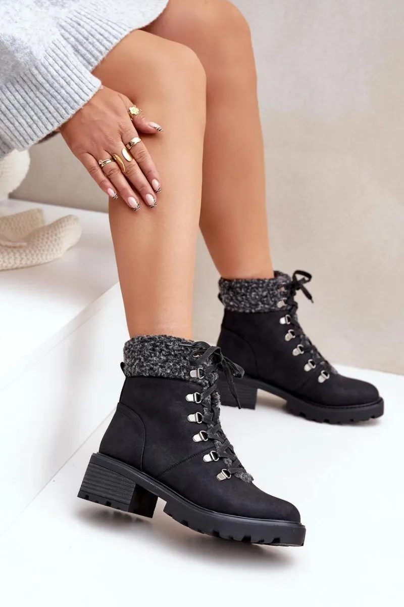 Damskie Trapery|Botki Sznurowane>Boto Damskie Trapery Z Kożuszkiem Na Niskim Obcasie Czarne Brenneth