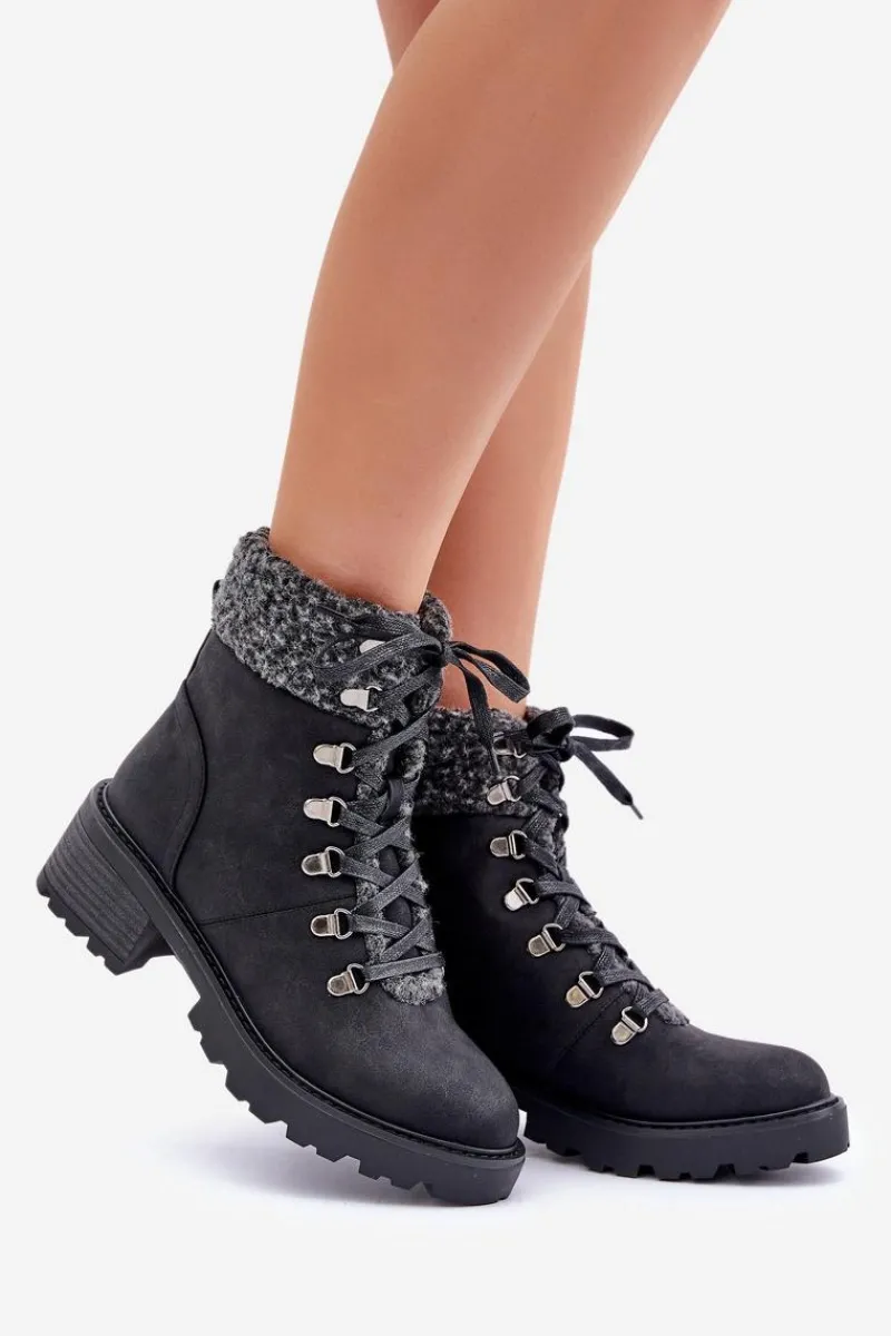 Damskie Trapery|Botki Sznurowane>Boto Damskie Trapery Z Kożuszkiem Na Niskim Obcasie Czarne Brenneth