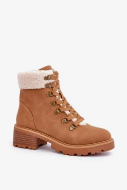 Damskie Trapery Z Kożuszkiem Na Niskim Obcasie Camel Brenneth Damskie Botki Ocieplane|Botki Sznurowane
