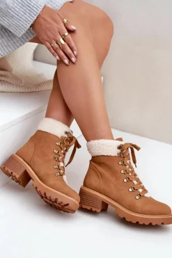 Damskie Trapery Z Kożuszkiem Na Niskim Obcasie Camel Brenneth Damskie Botki Ocieplane|Botki Sznurowane