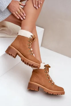 Damskie Trapery Z Kożuszkiem Na Niskim Obcasie Camel Brenneth Damskie Botki Ocieplane|Botki Sznurowane
