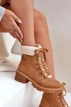 Damskie Trapery Z Kożuszkiem Na Niskim Obcasie Camel Brenneth Damskie Botki Ocieplane|Botki Sznurowane