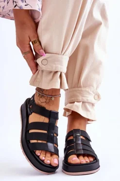 Online Damskie Wegańskie Sandały Na Rzepy JJ285017 Czarne Damskie Sandały Gumowe|Sandały Płaskie