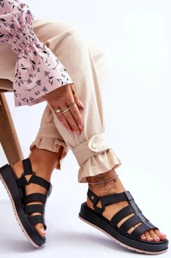 Online Damskie Wegańskie Sandały Na Rzepy JJ285017 Czarne Damskie Sandały Gumowe|Sandały Płaskie