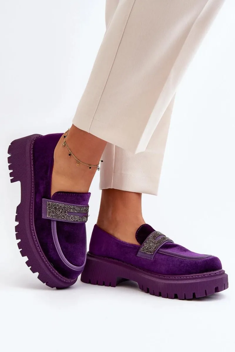 Boto Damskie Welurowe Mokasyny Z Ozdobą Fioletowe Wendreda