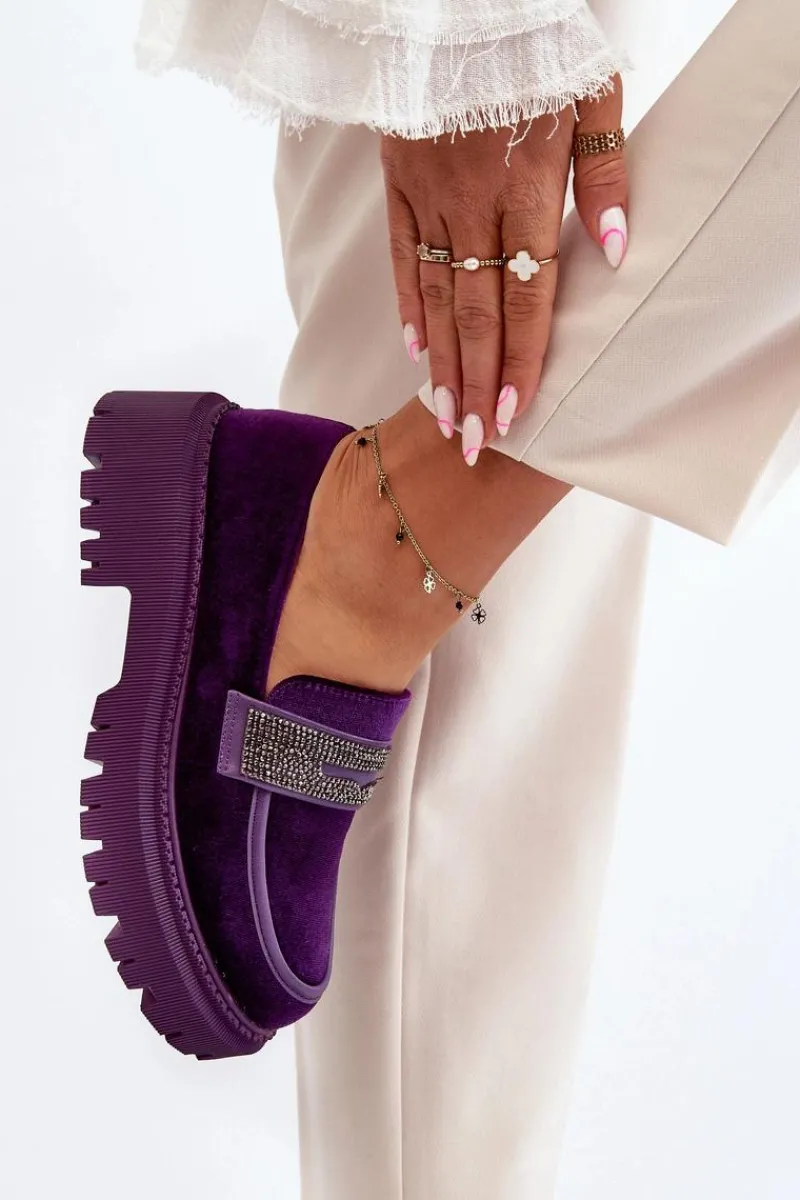 Boto Damskie Welurowe Mokasyny Z Ozdobą Fioletowe Wendreda