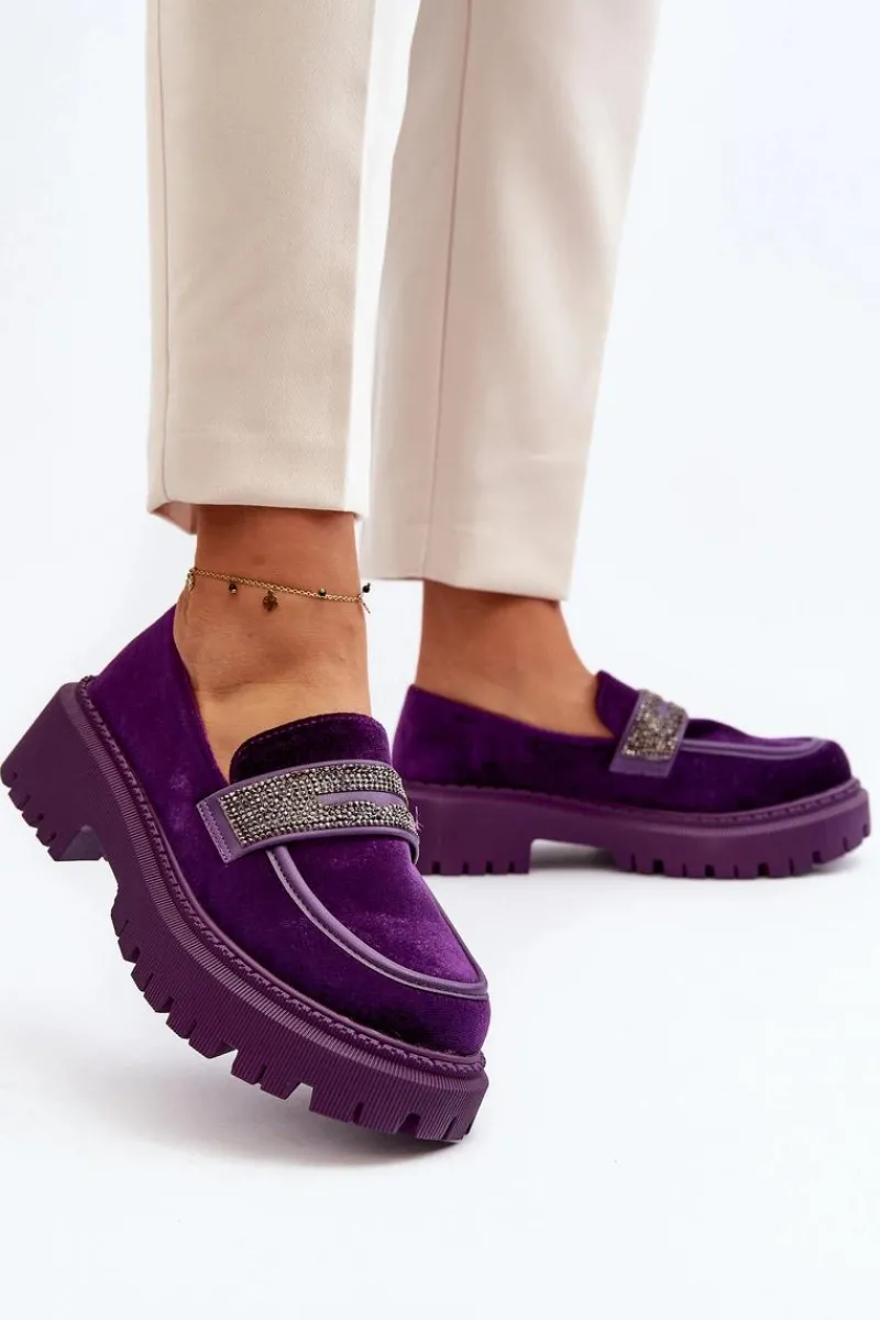 Boto Damskie Welurowe Mokasyny Z Ozdobą Fioletowe Wendreda