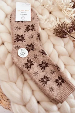 Skarpetki|Skarpetki>Aura.via Damskie Wełniane Skarpetki W Śnieżynki Beżowe