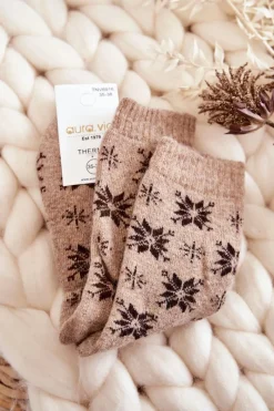 Skarpetki|Skarpetki>Aura.via Damskie Wełniane Skarpetki W Śnieżynki Beżowe
