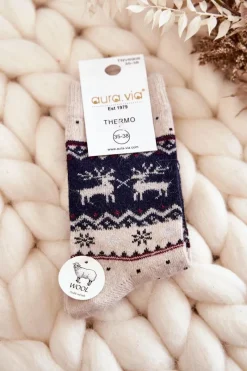 Skarpetki|Skarpetki>Aura.via Damskie Wełniane Skarpetki Świąteczne Wzór Renifera Beżowo-Granatowe