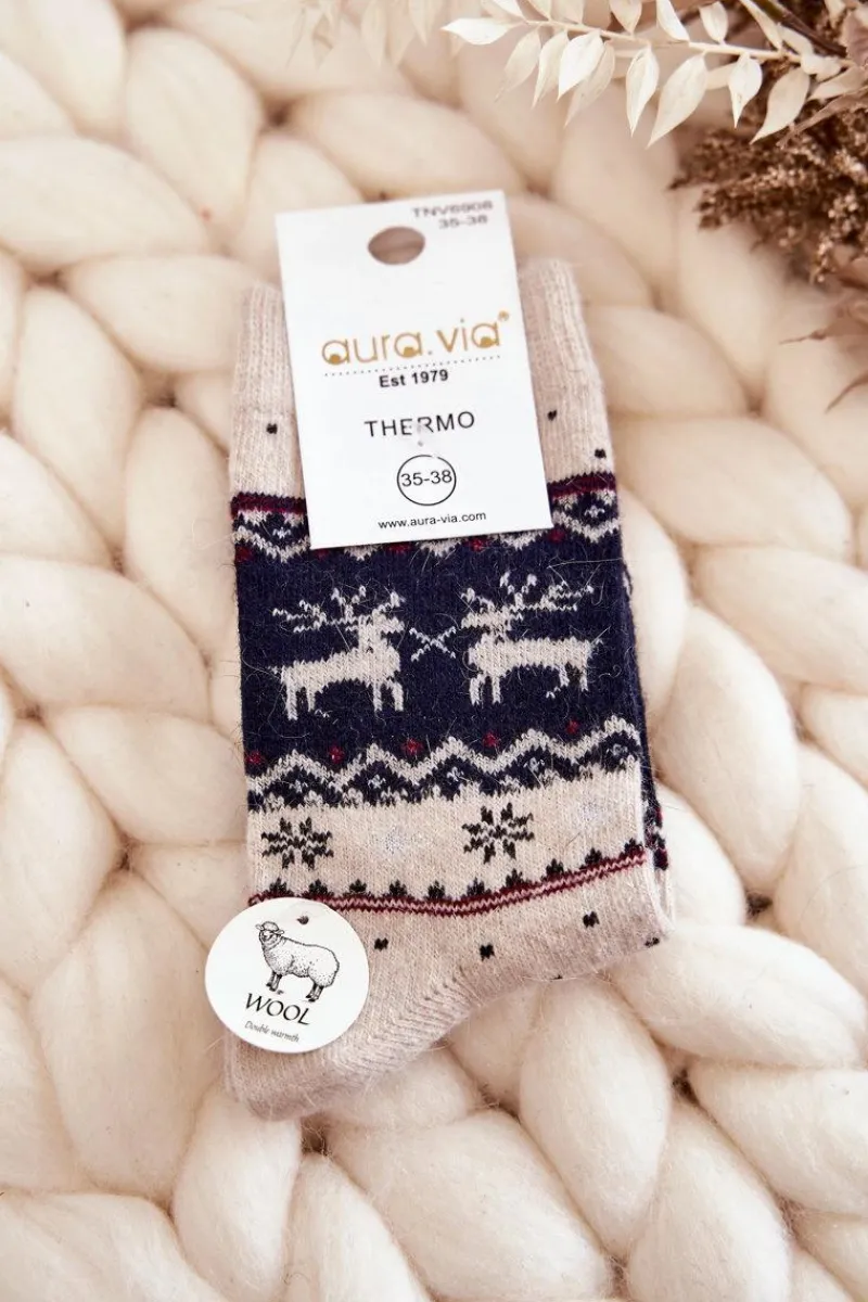 Skarpetki|Skarpetki>Aura.via Damskie Wełniane Skarpetki Świąteczne Wzór Renifera Beżowo-Granatowe