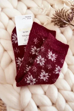 Skarpetki|Skarpetki>Aura.via Damskie Wełniane Skarpetki W Śnieżynki Bordowe