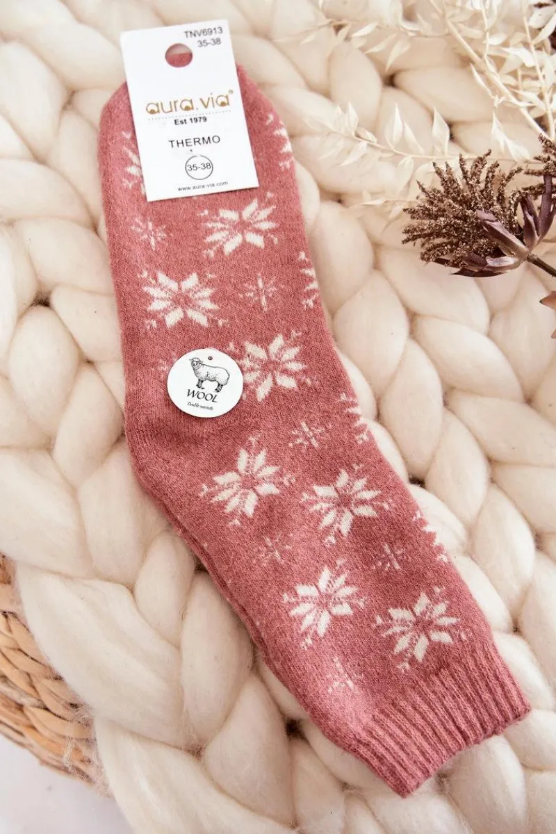 Skarpetki|Skarpetki>Aura.via Damskie Wełniane Skarpetki W Śnieżynki Różowe