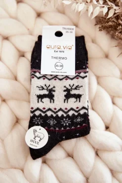 Sale Aura.via Damskie Wełniane Skarpetki Świąteczne Wzór Renifera Czarne