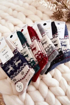 Skarpetki|Skarpetki>Aura.via Damskie Wełniane Skarpetki Świąteczne Wzór Renifera Zielone