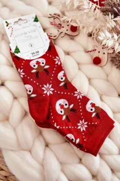 Aura.via Damskie Świąteczne Skarpetki Błyszczące Renifery Czerwone