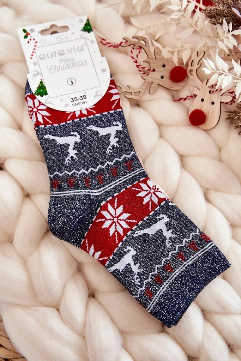 Clearance Damskie Świąteczne Skarpetki Błyszczące Renifery Granatowe Skarpetki|Skarpetki