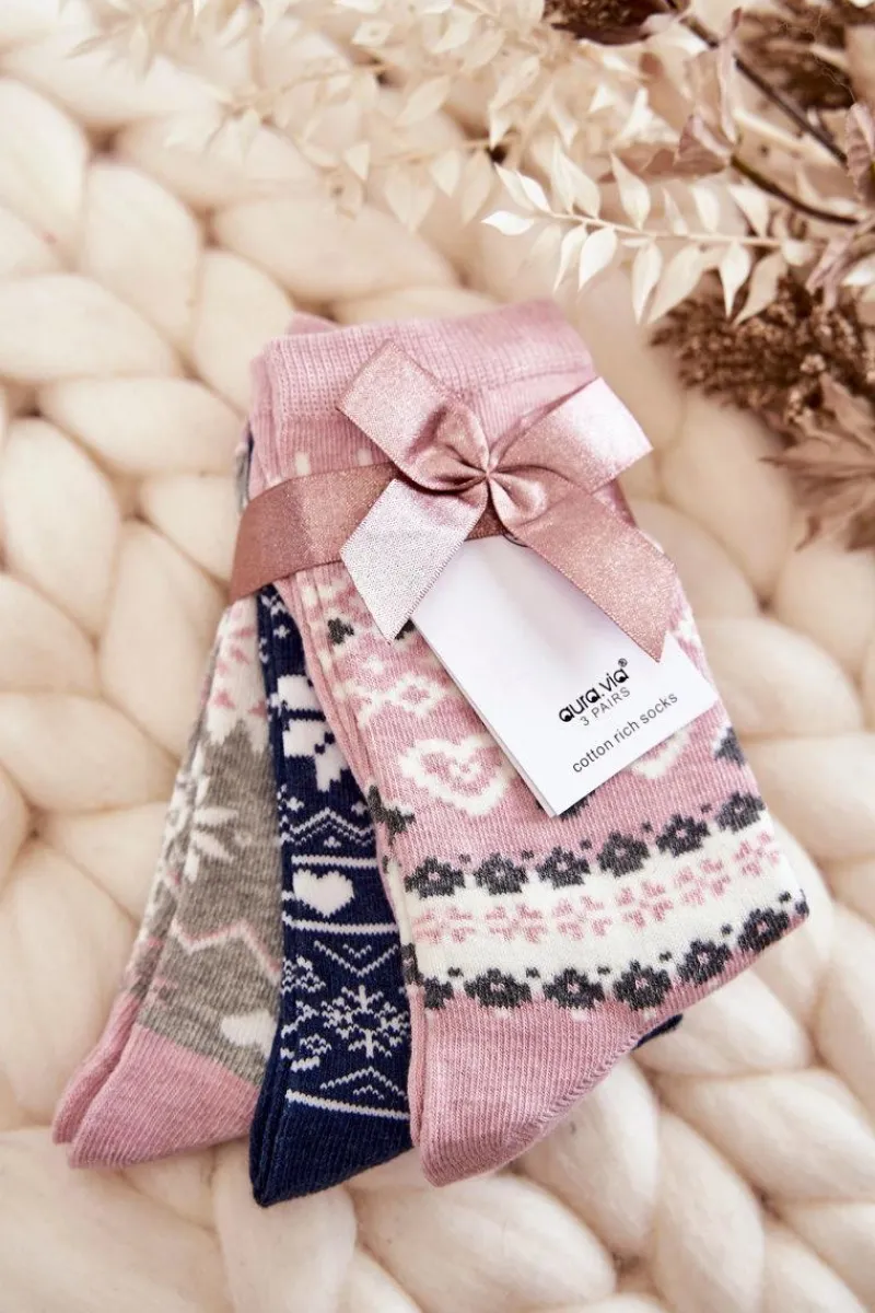 Hot Aura.via Damskie Świąteczne Skarpetki 3-Pak Wzór Serca Różowe