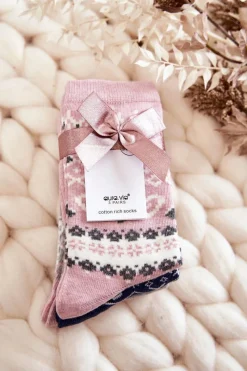 Hot Aura.via Damskie Świąteczne Skarpetki 3-Pak Wzór Serca Różowe