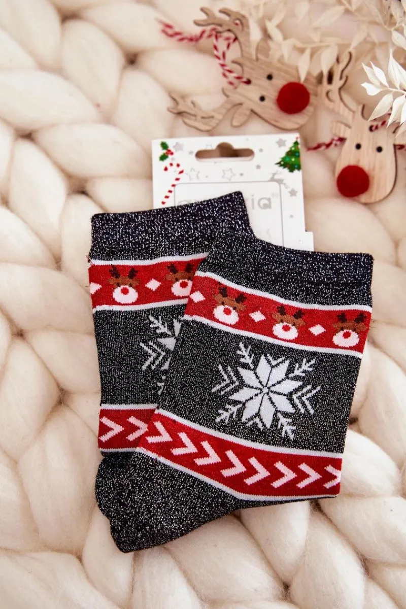 Skarpetki|Skarpetki>Aura.via Damskie Świąteczne Skarpetki Błyszczące Renifery Czarno-Czerwone