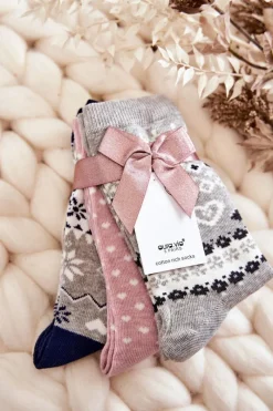 Skarpetki|Skarpetki>Aura.via Damskie Świąteczne Skarpetki 3-Pak Wzór Serca Szare