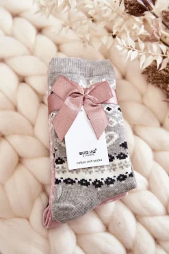 Skarpetki|Skarpetki>Aura.via Damskie Świąteczne Skarpetki 3-Pak Wzór Serca Szare