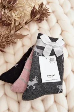 Skarpetki|Skarpetki>Aura.via Damskie Świąteczne Skarpetki 3-Pak Szaro-Różowe