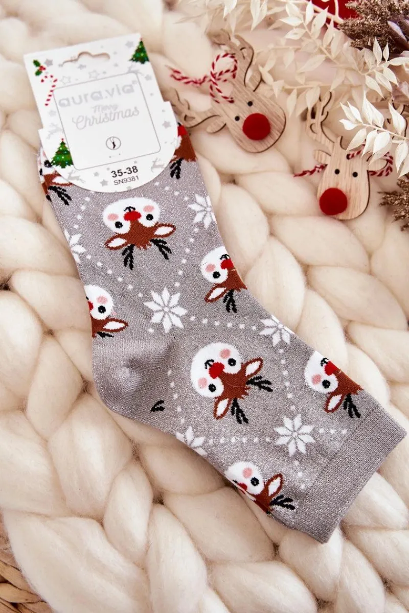 New Aura.via Damskie Świąteczne Skarpetki Błyszczące Renifery Szare