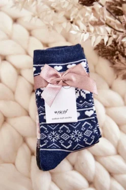 Hot Damskie Świąteczne Skarpetki 3-Pak Śnieżynki I Serca Granatowe Skarpetki|Skarpetki