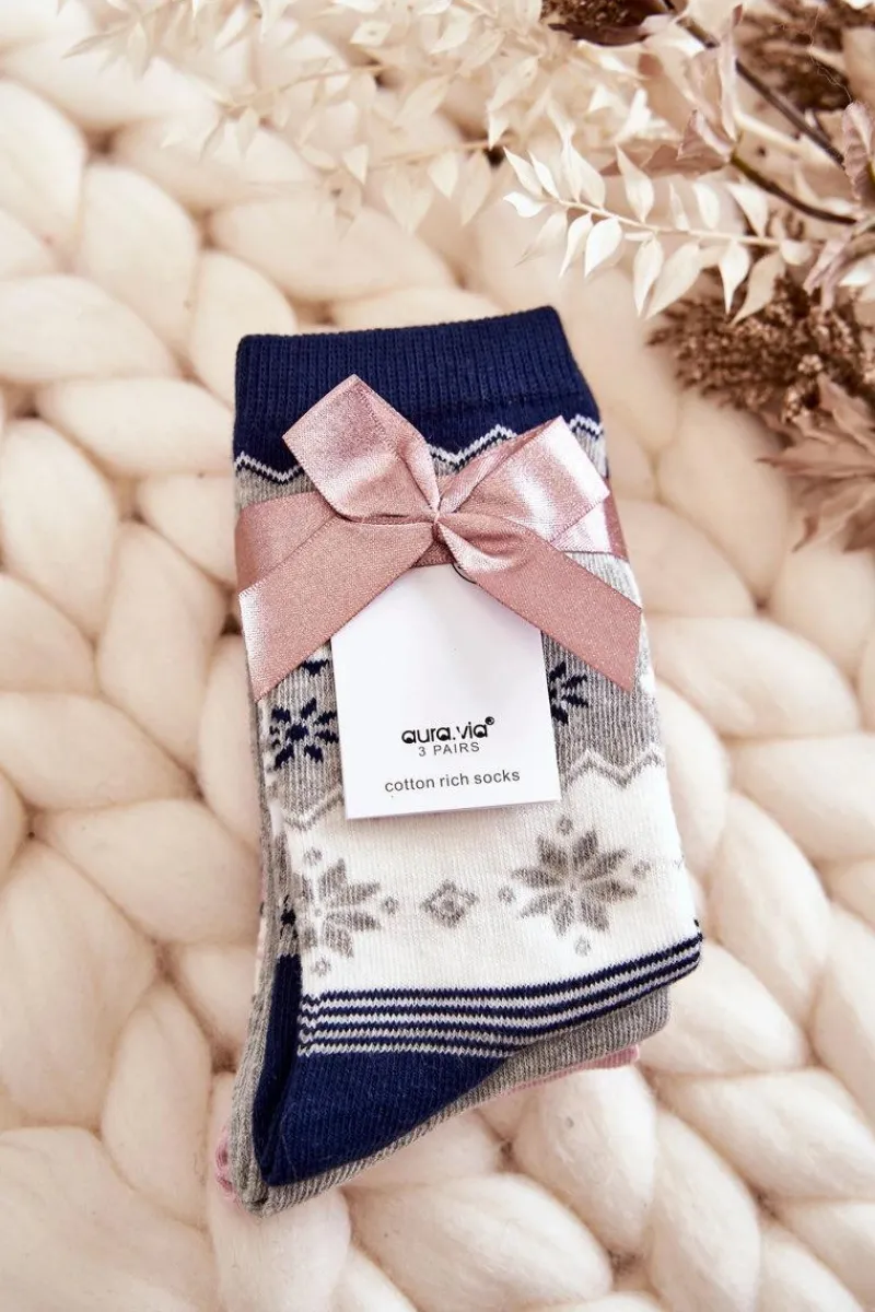 Skarpetki|Skarpetki>Aura.via Damskie Świąteczne Skarpetki 3-Pak Świąteczne Szaro-Granatowe