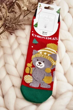 Skarpetki|Skarpetki>Aura.via Damskie Świąteczne Skarpety Z Misiem Czerwone