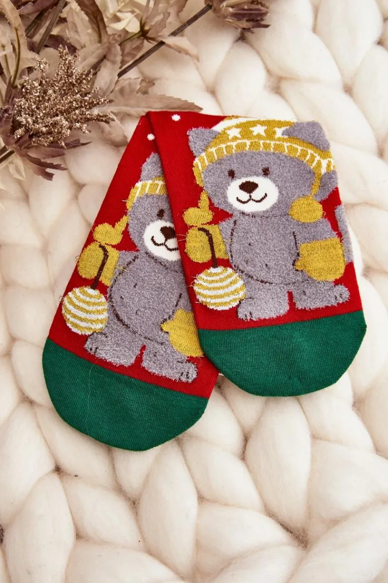 Skarpetki|Skarpetki>Aura.via Damskie Świąteczne Skarpety Z Misiem Czerwone