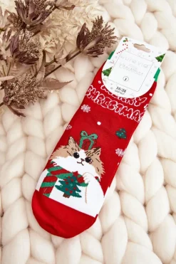 Skarpetki|Skarpetki>Aura.via Damskie Świąteczne Skarpety Z Kotkiem Czerwone